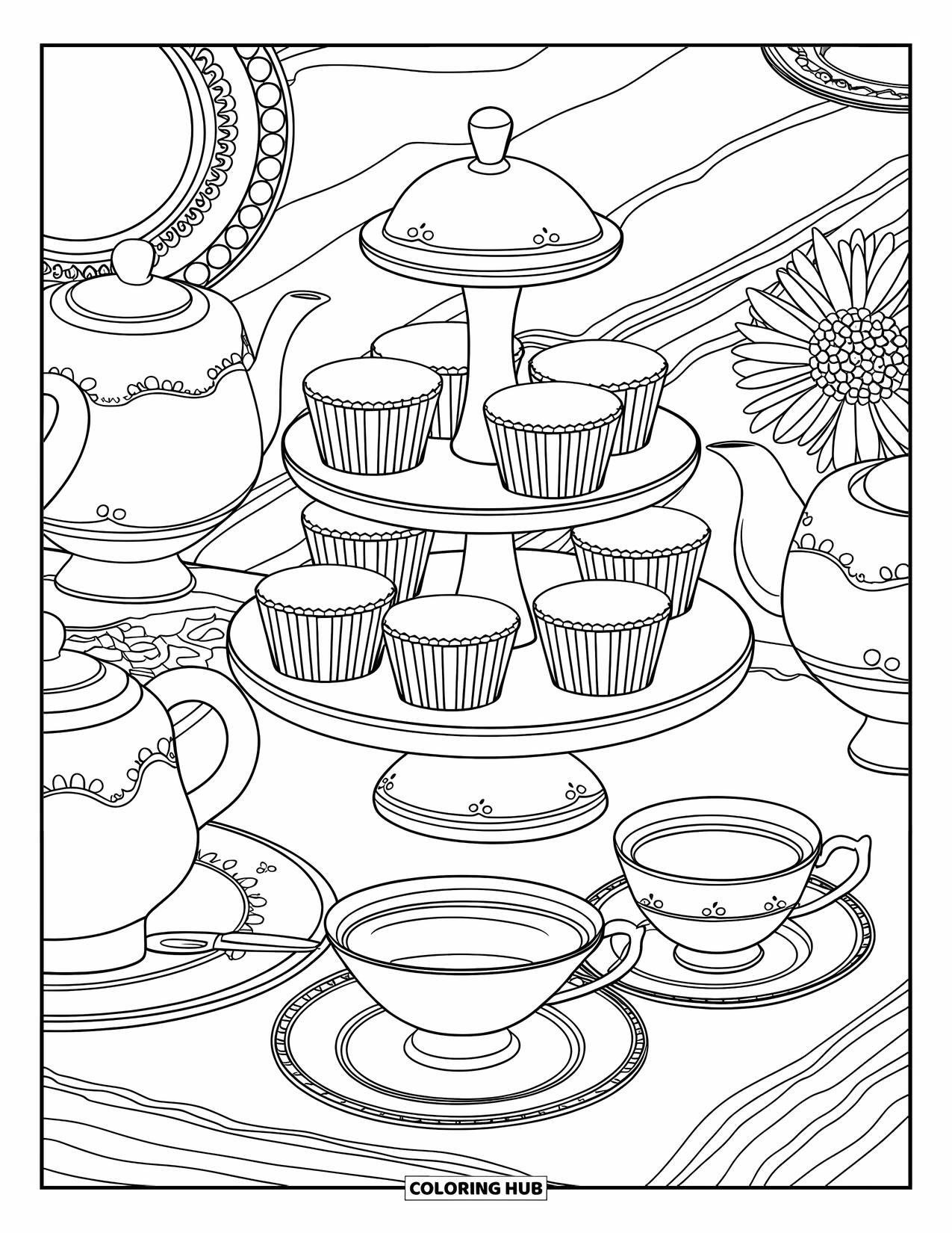 Disegno da colorare di dessert per adulti: un'alzata per cupcake è circondata da tazze da tè, piatti e un tavolo decorato con fiori