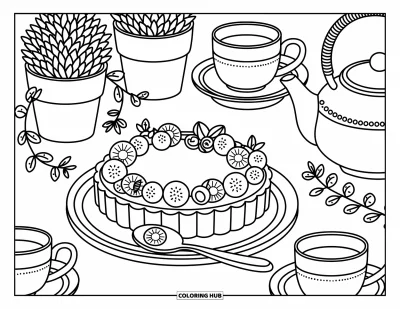 Coloriage de dessert pour adultes : Une jolie tarte et des tasses à thé reposent sur une table de jardin entourée de plantes et du charme de l’heure du thé
