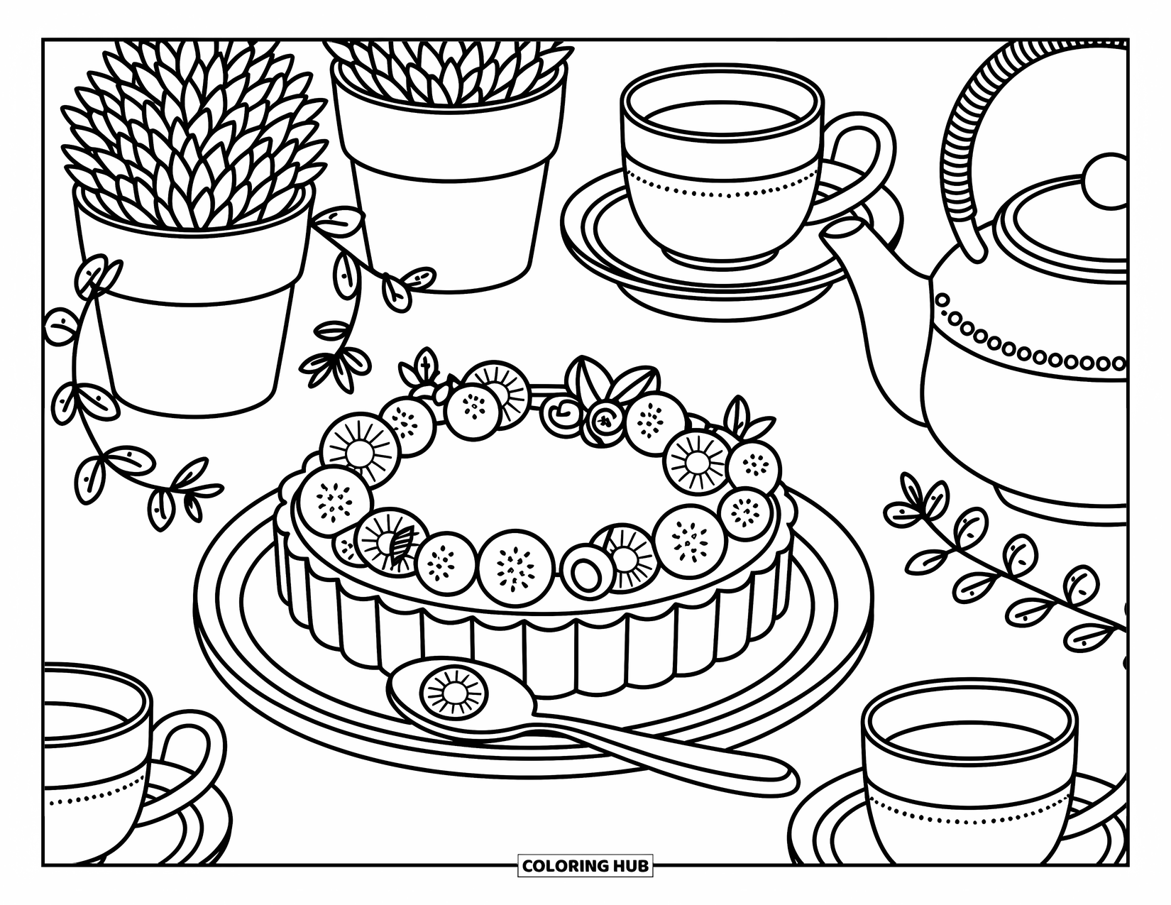 Disegno da colorare di un dessert per adulti: Una simpatica crostata e tazze da tè sono adagiate su un tavolo da giardino circondato da piante e fascino dell'ora del tè
