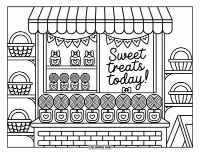 Coloriage de dessert pour adultes : Un joli stand de friandises présente des sucettes, des cannes de Noël et un panneau « Sweet Treats Today! »
