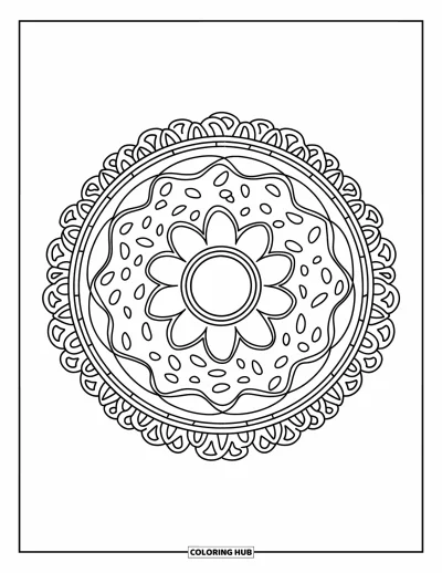 Coloriage de dessert pour adultes : Un mandala de beigne présente des motifs de glaçage et de jolis motifs symétriques