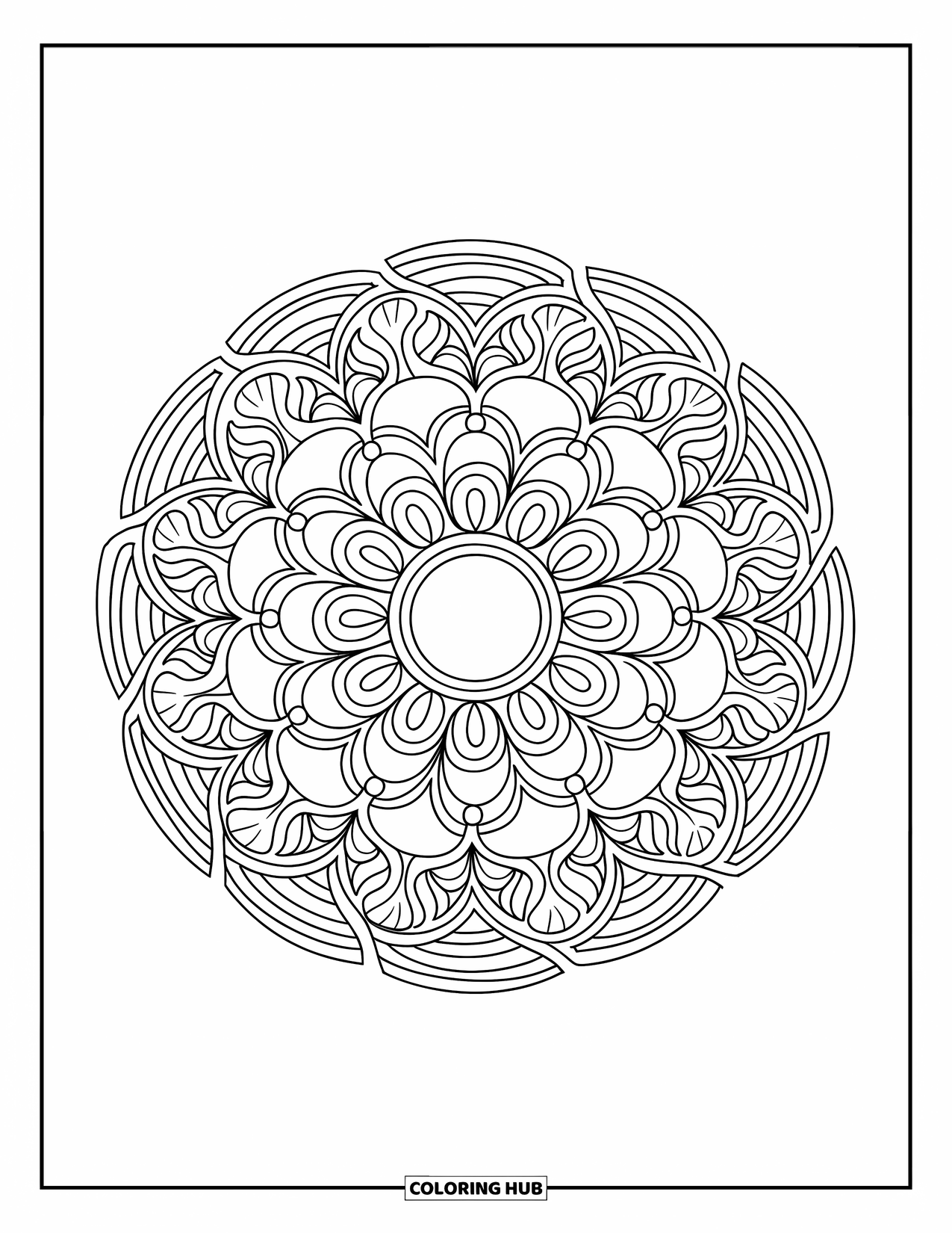 Disegno da colorare di un dessert per adulti: Un mandala di ciambella è adagiato al centro, incorniciato da un bordo incantevole
