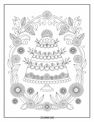 Coloriage de dessert pour adultes : Un gâteau élégant avec des fleurs et du glaçage repose sur un présentoir avec des détails floraux