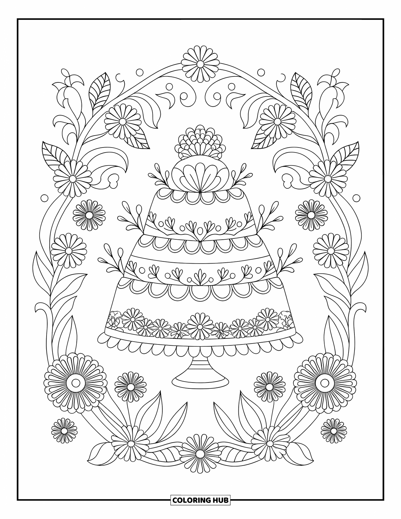 Disegno da colorare di dessert per adulti: una torta elegante con fiori e glassa è appoggiata su un'alzata con dettagli floreali