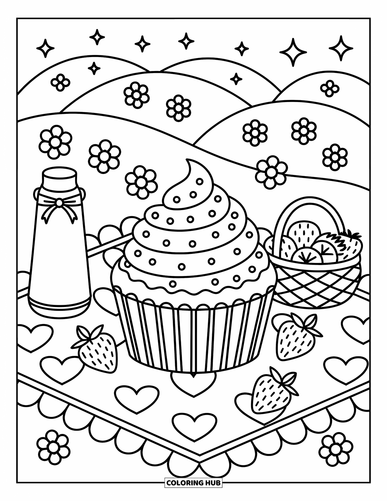 Disegno da colorare di un dessert per adulti: Un cupcake glassato è seduto su una coperta a forma di cuore con fragole, frutta e un thermos legato con un fiocco
