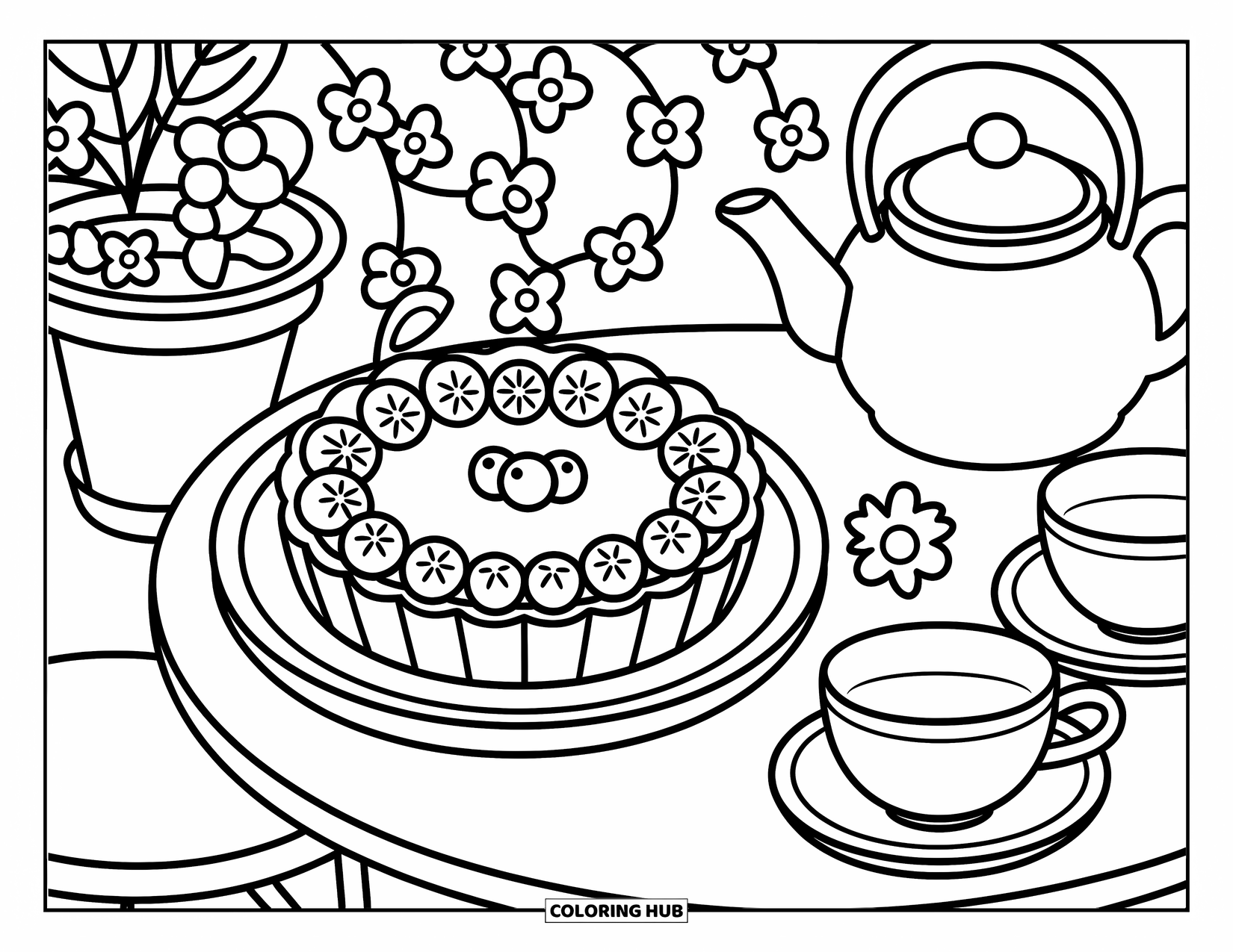 Disegno da colorare di dessert per adulti: una crostata di frutta e un cucchiaio con fiori sono appoggiati accanto a una teiera su un accogliente tavolino da caffè all'aperto