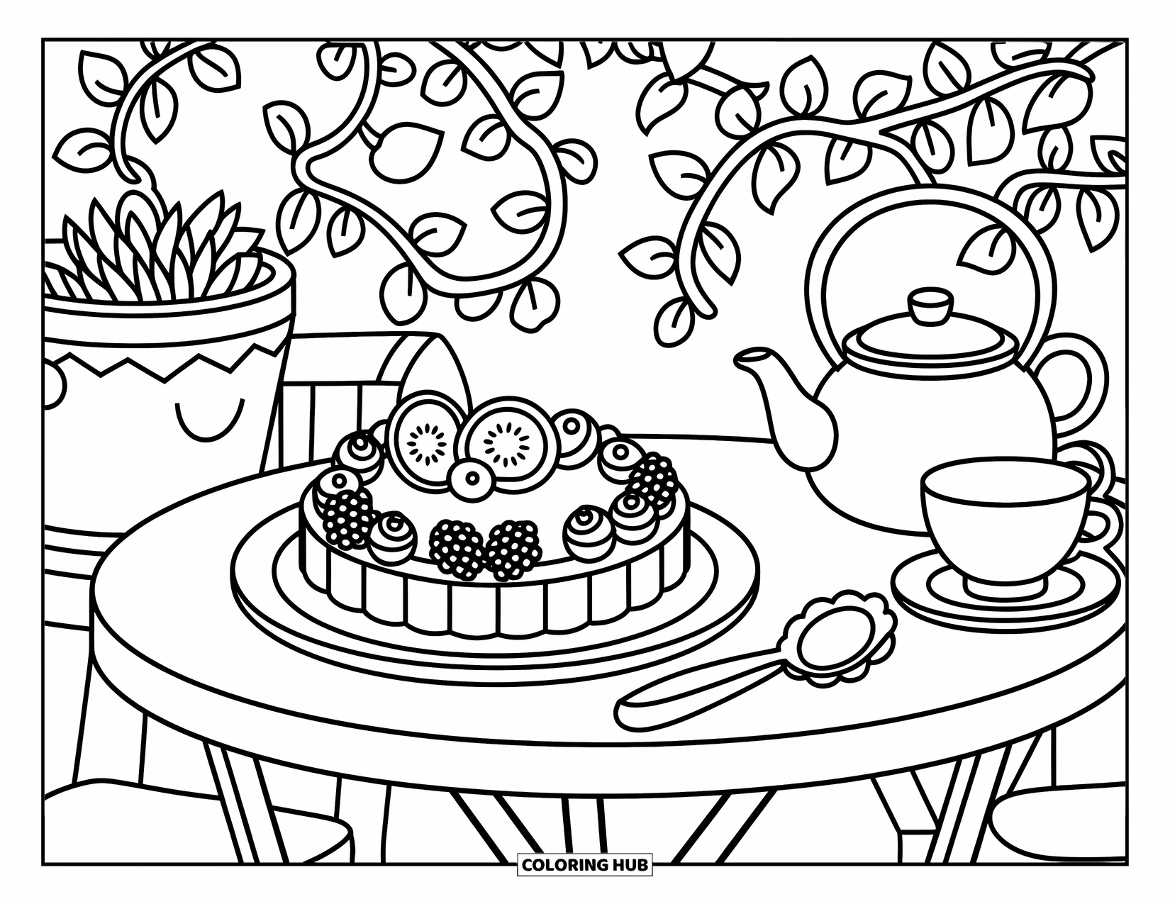 Disegno da colorare di un dessert per adulti: Una crostata di frutta con frutti di bosco è adagiata su un tavolo da giardino circondato da piante e tazze da tè