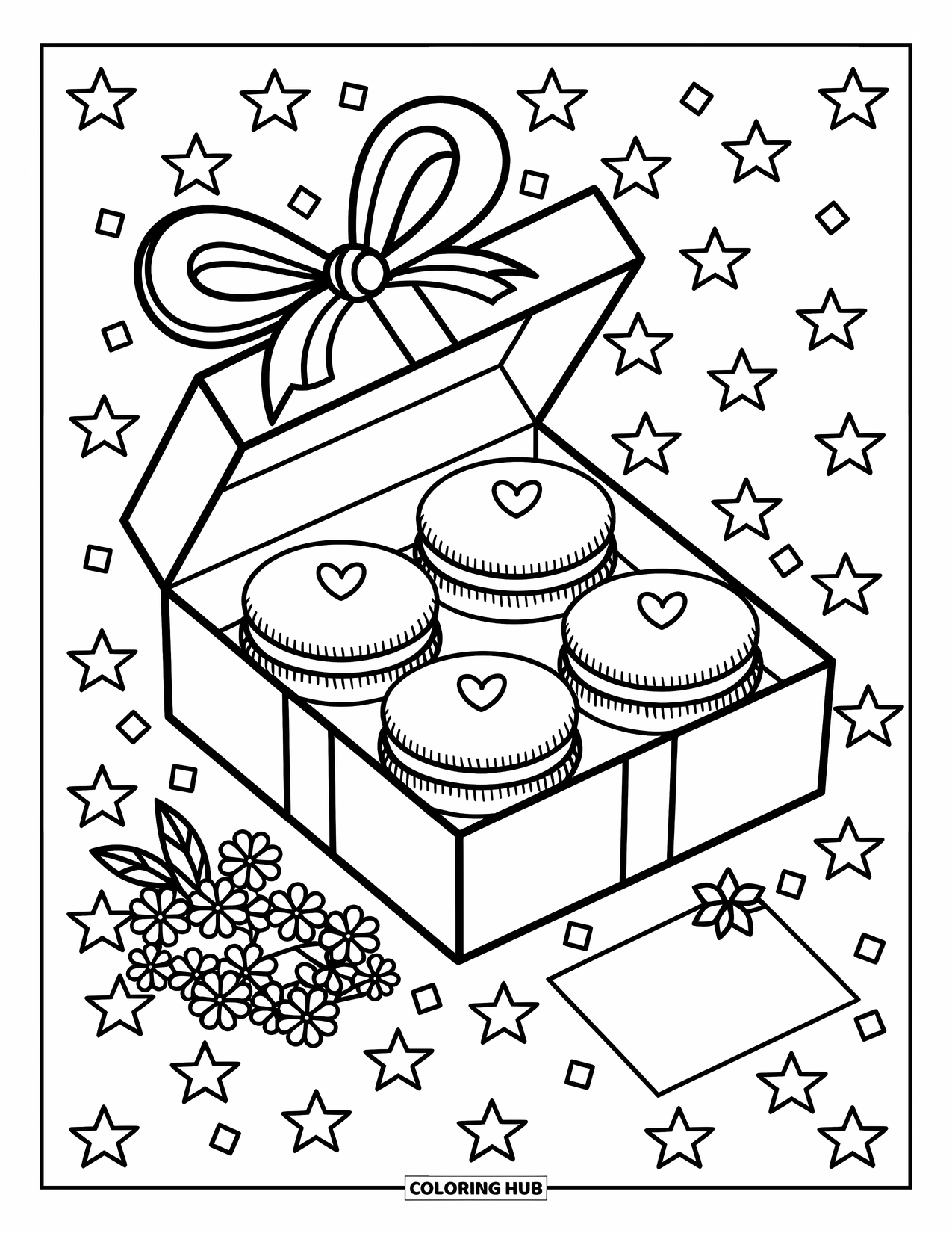 Disegno da colorare di un dessert per adulti: Una confezione regalo di macaron è seduta su un tavolo ricoperto di coriandoli con un biglietto e fiori