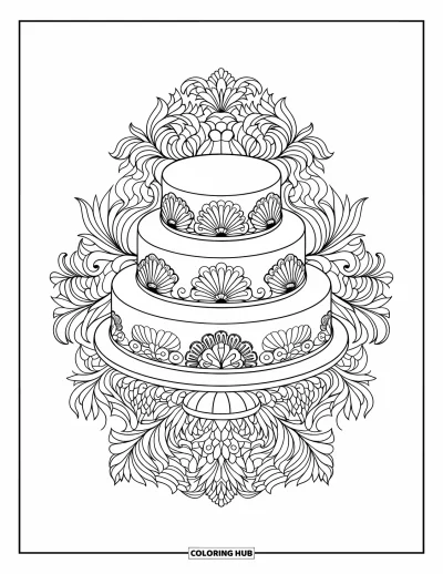 Coloriage de dessert pour adultes : Un gâteau à étages est entouré d’élégantes décorations florales