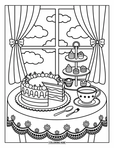 Coloriage de dessert pour adultes : Un gâteau à plusieurs étages avec des fruits est posé sur une table recouverte de dentelle avec du thé et de minuscules desserts