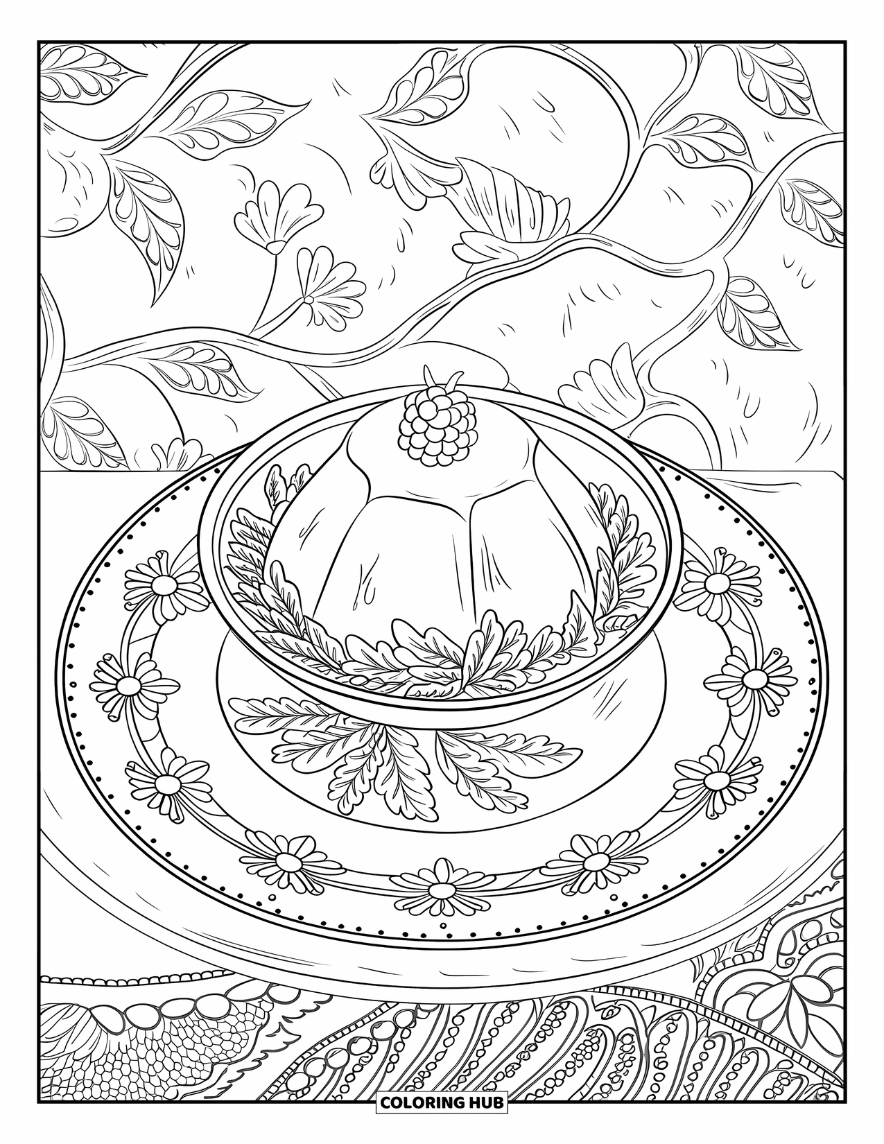 Disegno da colorare di dessert per adulti: un budino con lamponi in cima è appoggiato su un piatto con un centrino floreale