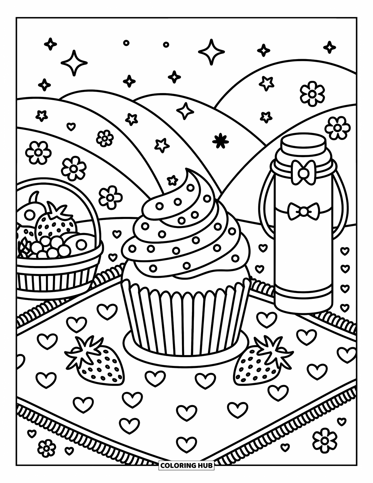 Disegno da colorare di un dessert per adulti: Un cupcake ricoperto di zuccherini è seduto con frutta e dolci su una collina da picnic accogliente