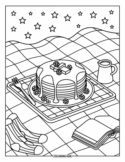 Coloriage de dessert pour adultes : Une pile de crêpes aux baies est posée sur un plateau à carreaux avec des étoiles scintillantes au-dessus