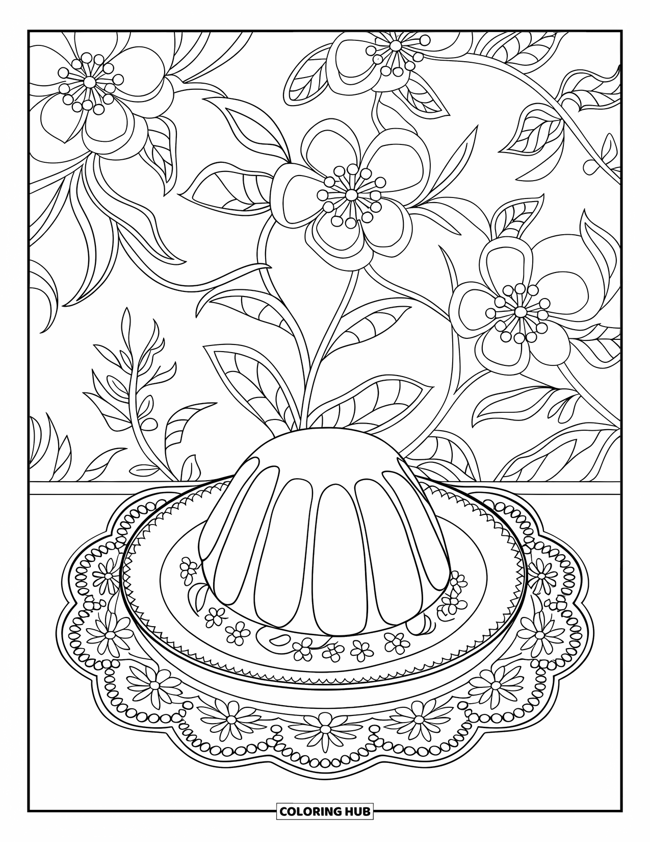 Disegno da colorare di dessert per adulti: un budino tradizionale è appoggiato su un piatto elegante con fiori e pizzi