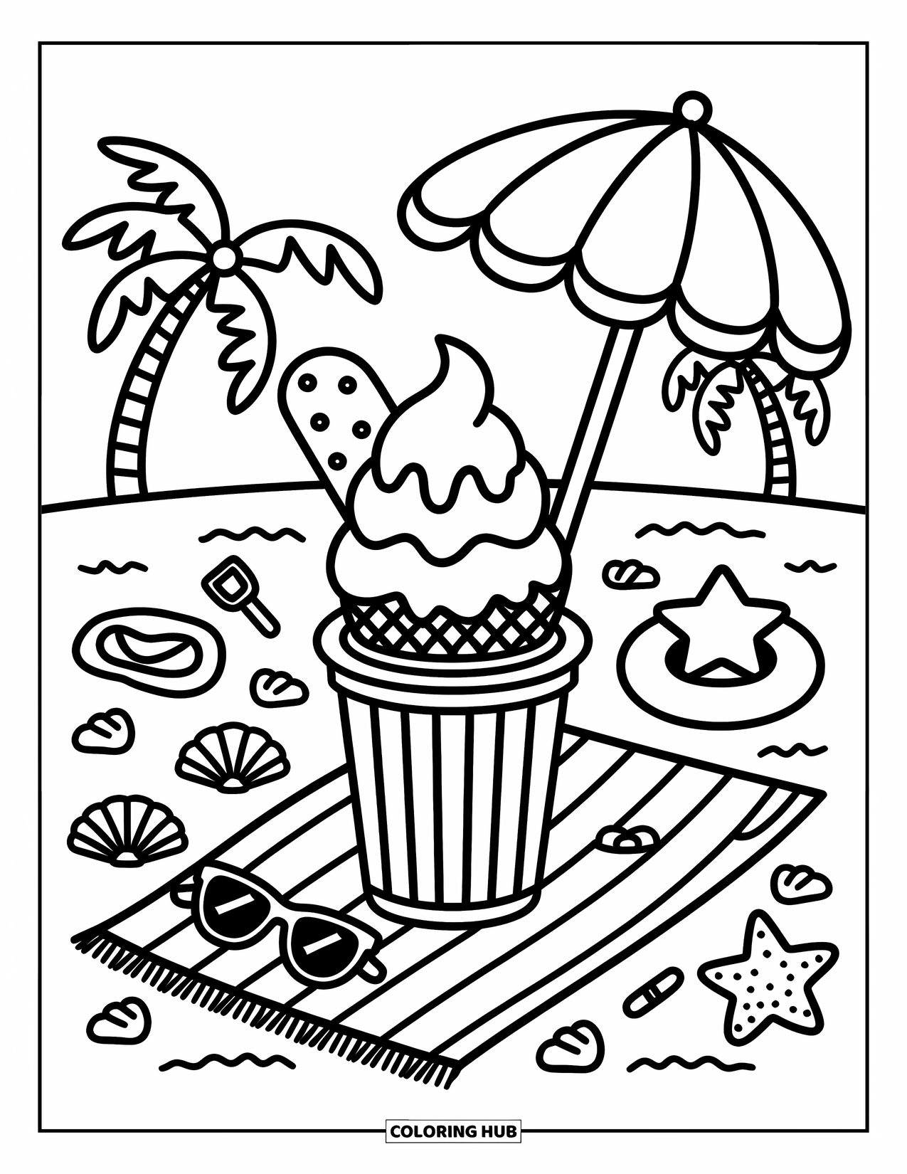 Disegno da colorare di un dessert per adulti: Un cono gelato con panna montata è seduto su un telo da spiaggia tra conchiglie e giocattoli