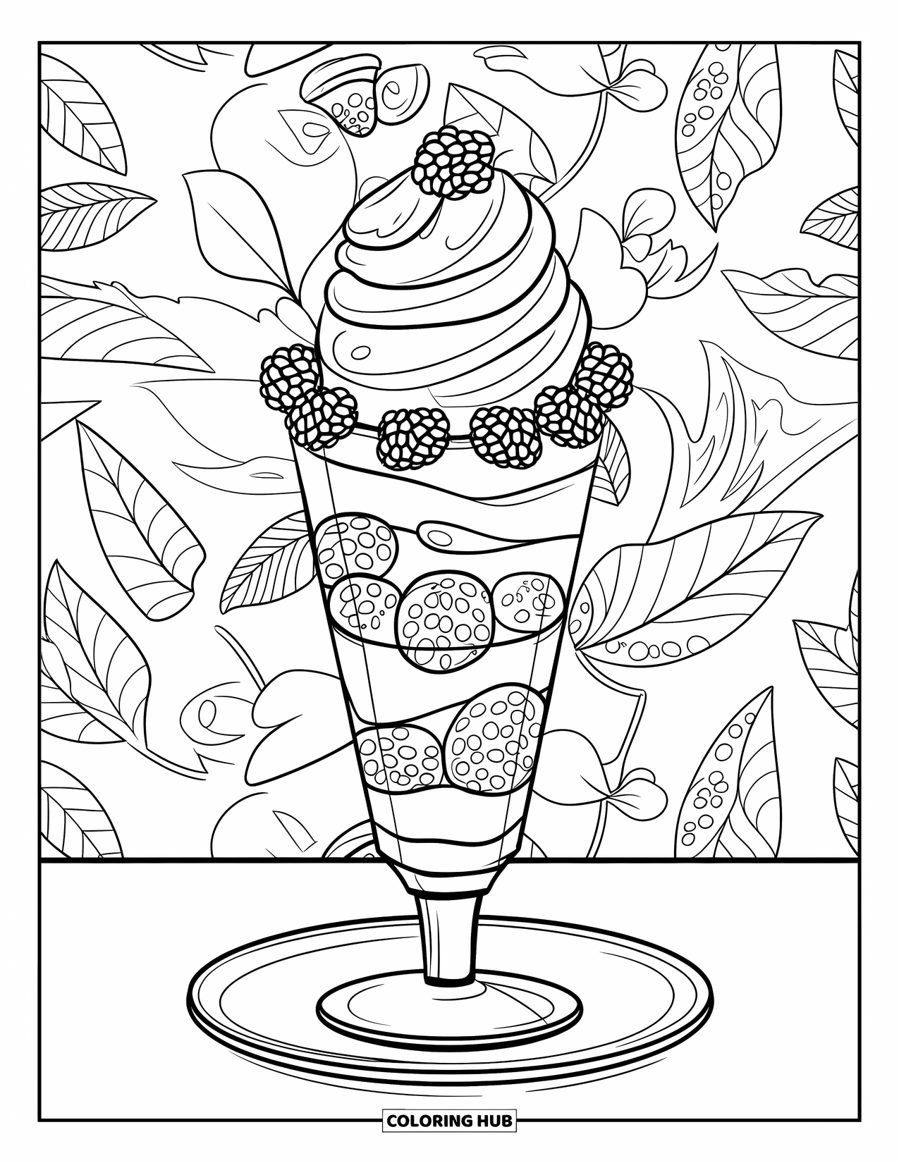 Disegno da colorare di un dessert per adulti: Strati di torta e gelato riempiono un bicchiere da parfait con foglie e fiori nelle vicinanze