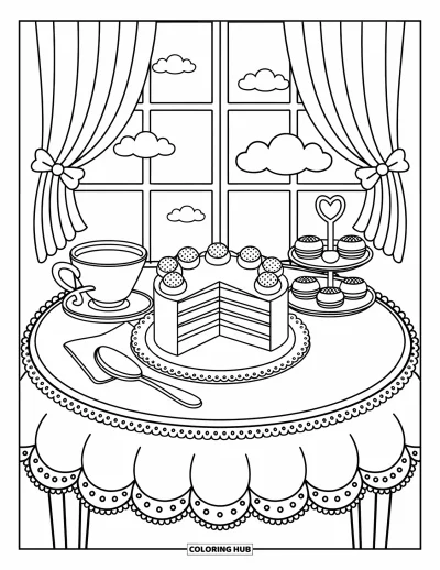 Coloriage de dessert pour adultes : Un gâteau, du thé et des douceurs reposent sur une table fleurie près d’une fenêtre avec des nœuds