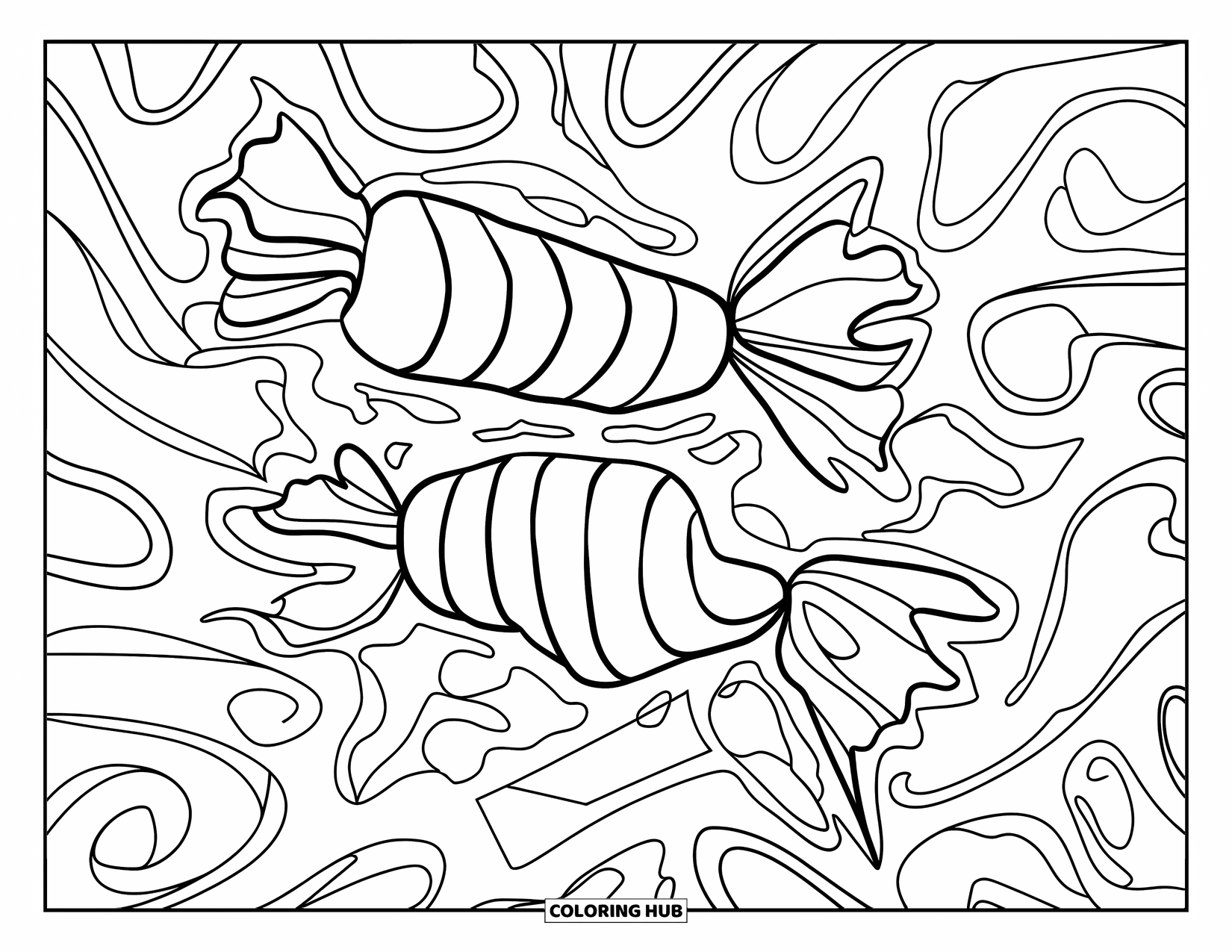 Disegno da colorare di dessert per adulti: bastoncini di zucchero e incarti si intrecciano in questo intricato disegno vorticoso