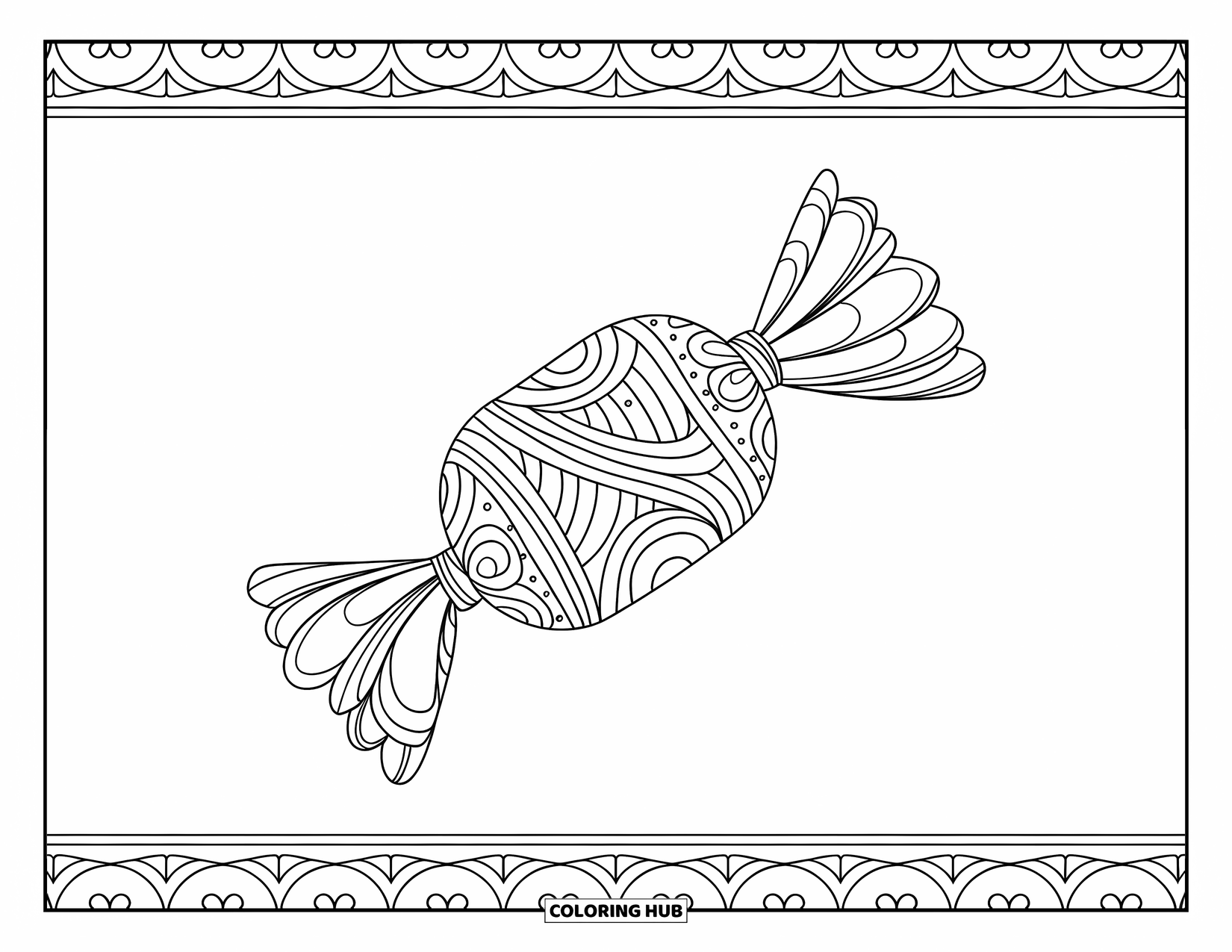 Disegno da colorare di dessert per adulti: caramelle con incarti e vortici dettagliati riempiono questo divertente disegno ricco di motivi