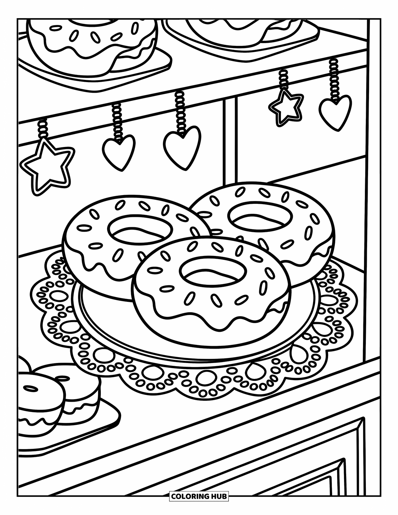 Disegno da colorare di un dessert per adulti: Simpatiche ciambelle sono sedute all'interno di una vetrina con cartelli a lavagna e piccoli pasticcini dolci