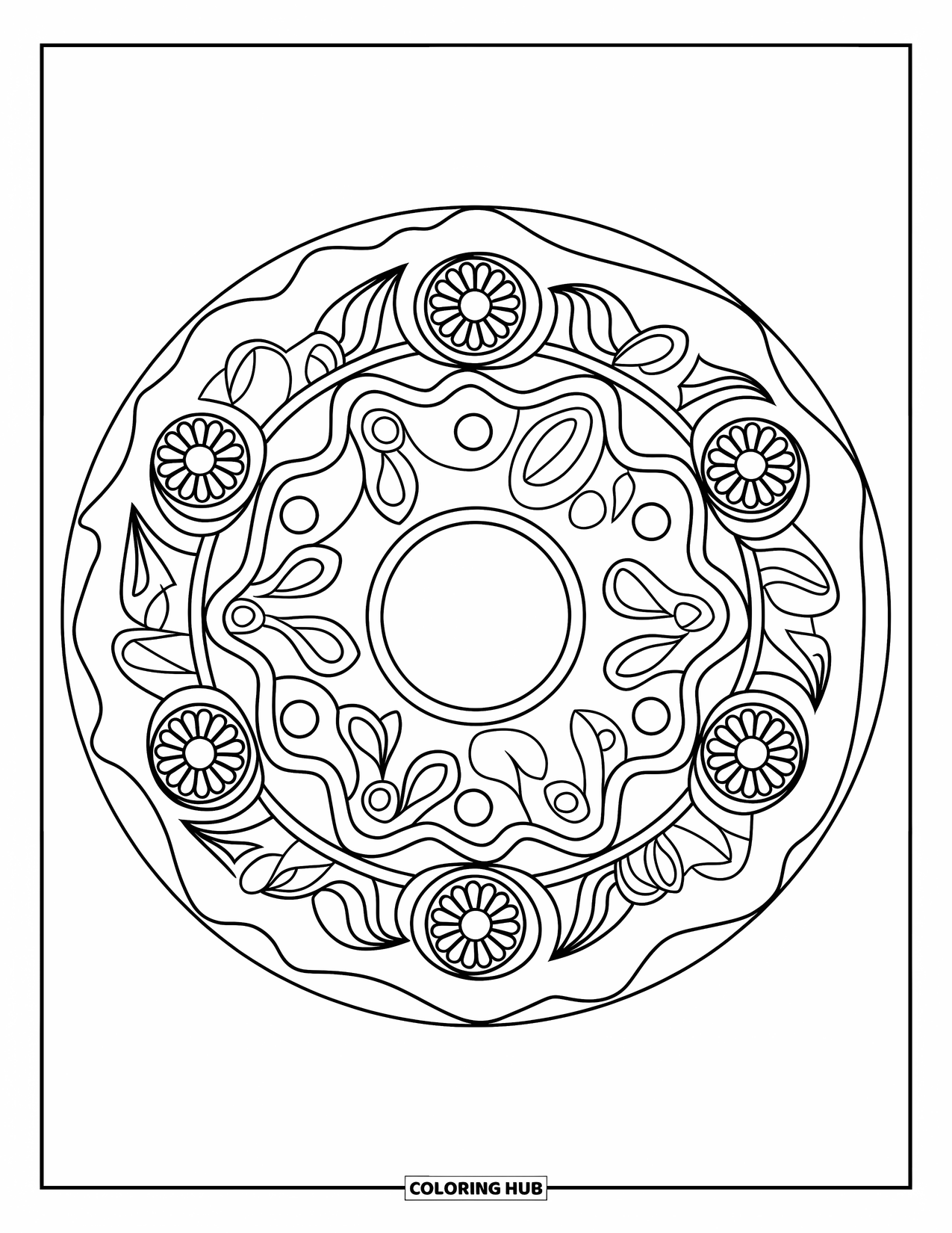 Disegno da colorare di dessert per adulti: glassa decorata e piccole ciambelle riempiono questo rilassante disegno mandala