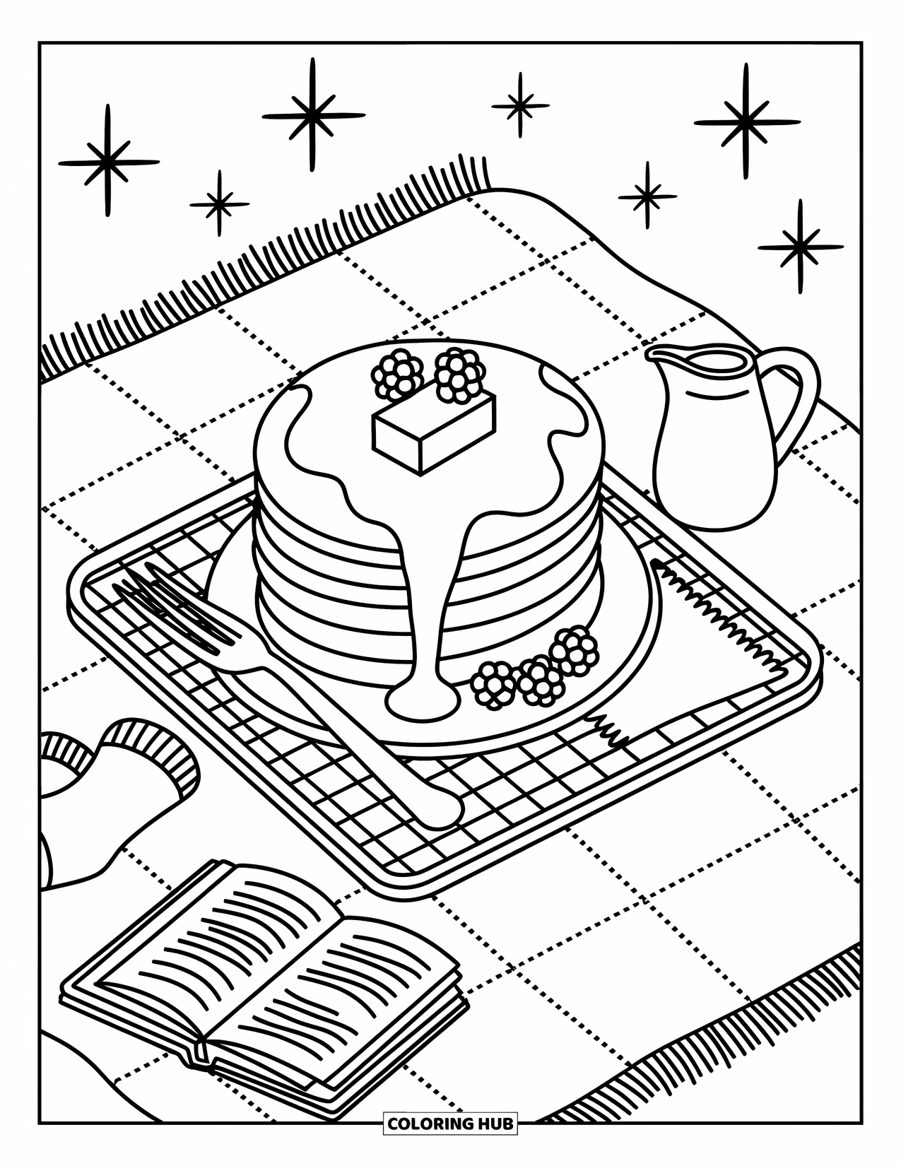 Disegno da colorare di un dessert per adulti: Soffici pancake con sciroppo sono adagiati su un vassoio accogliente con calzini, stelle e una coperta calda