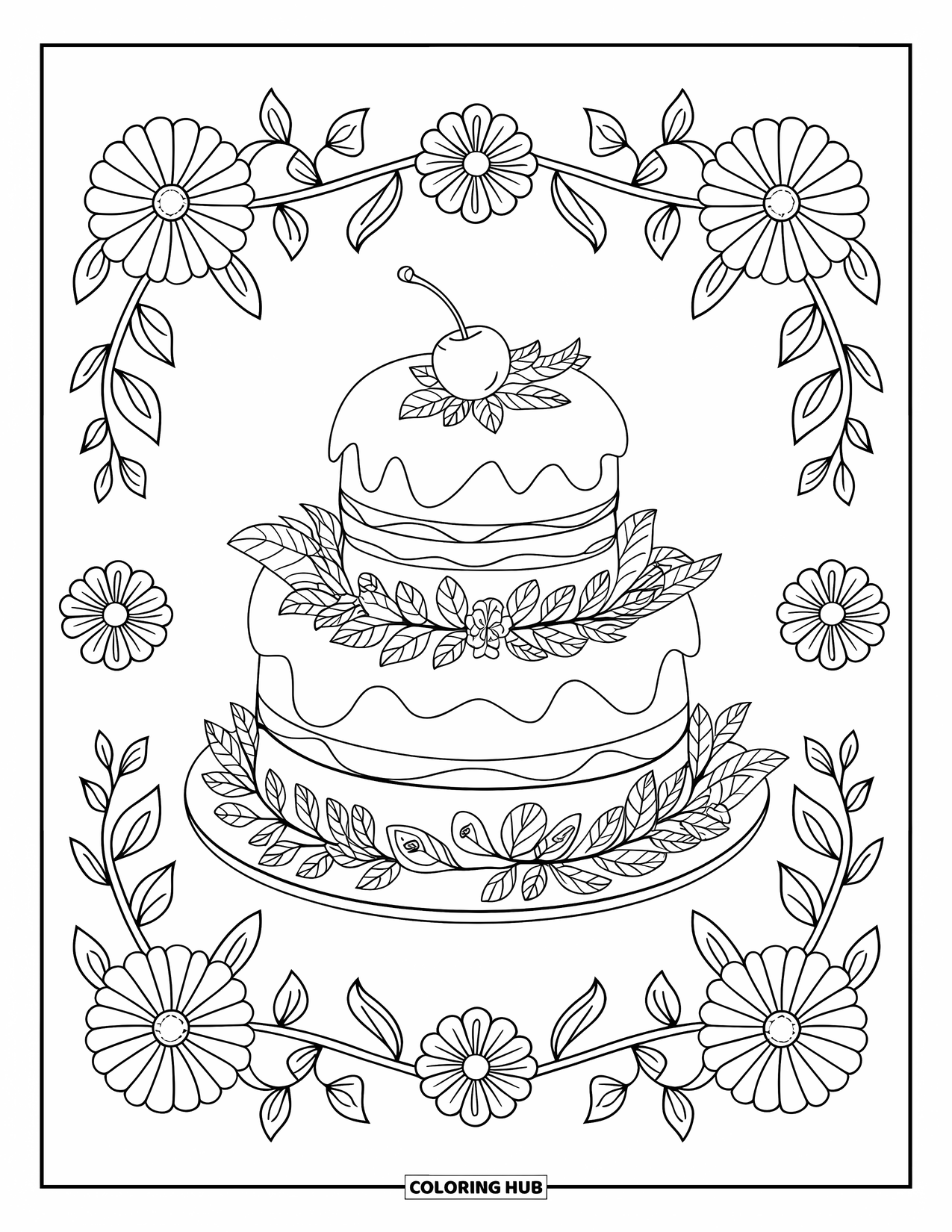 Disegno da colorare di un dessert per adulti: Torta glassata con ciliegia in cima è seduta tra graziosi motivi floreali