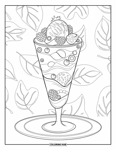 Coloriage de dessert pour adultes : Des fruits, du gâteau et de la crème s’empilent dans un parfait entouré de motifs feuillus