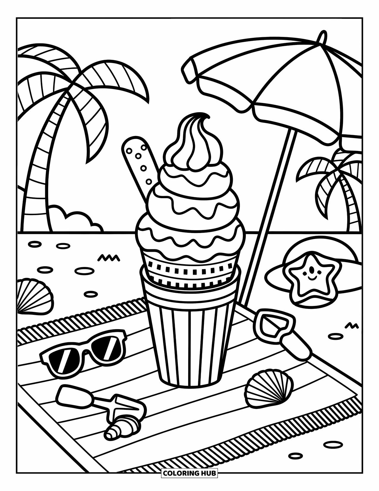 Disegno da colorare di un dessert per adulti: Il gelato con condimenti è seduto su un asciugamano circondato da oggetti da spiaggia estivi e palme