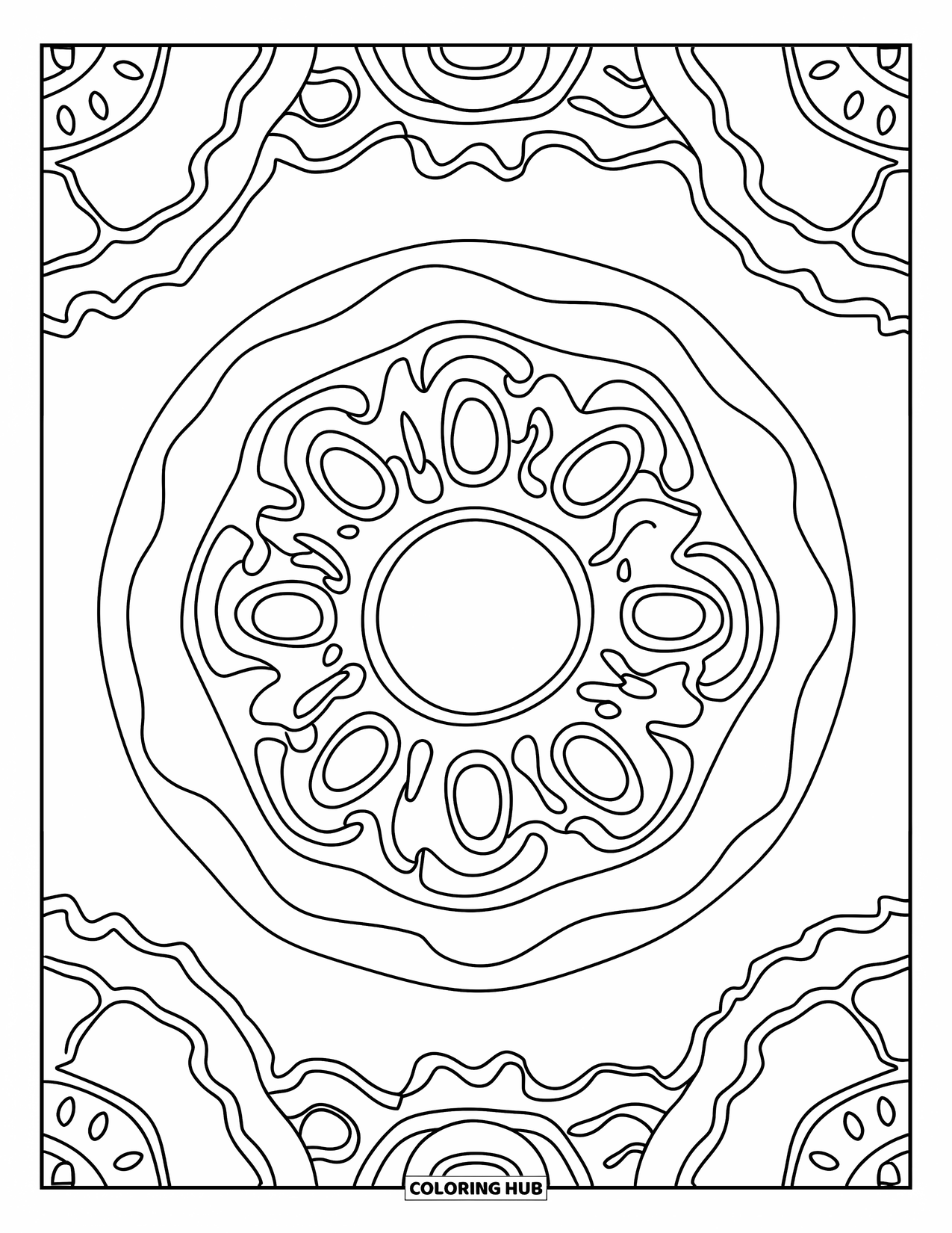 Disegno da colorare di un dessert per adulti: Ghiaccia a spirale e cerchi formano un mandala di ciambella calmo e dettagliato