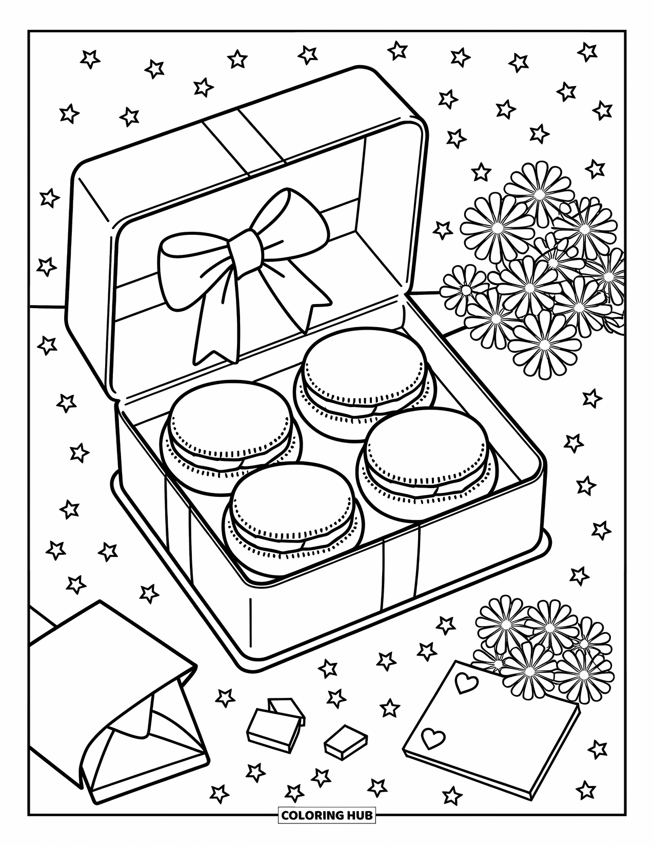 Disegno da colorare di un dessert per adulti: I macaron fanno capolino da una confezione regalo circondata da coriandoli, stelle e piccoli fiori