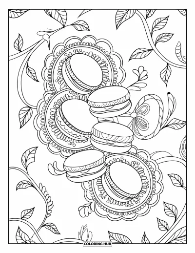 Coloriage de dessert pour adultes : Des macarons avec des rubans et de la dentelle sont posés sur des napperons avec des motifs de fond feuillus