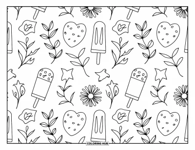 Coloriage de dessert pour adultes : Des sucettes glacées avec des motifs floraux et feuillus créent un motif répétitif doux et simple