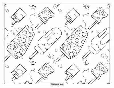 Coloriage de dessert pour adultes : Des sucettes glacées avec des cœurs, des étoiles et des cercles se répètent dans une disposition ludique et pointillée