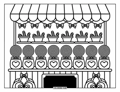 Coloriage de dessert pour adultes : Des sucettes spirales et des bocaux de bonbons remplissent un stand de confiserie sous un auvent rayé
