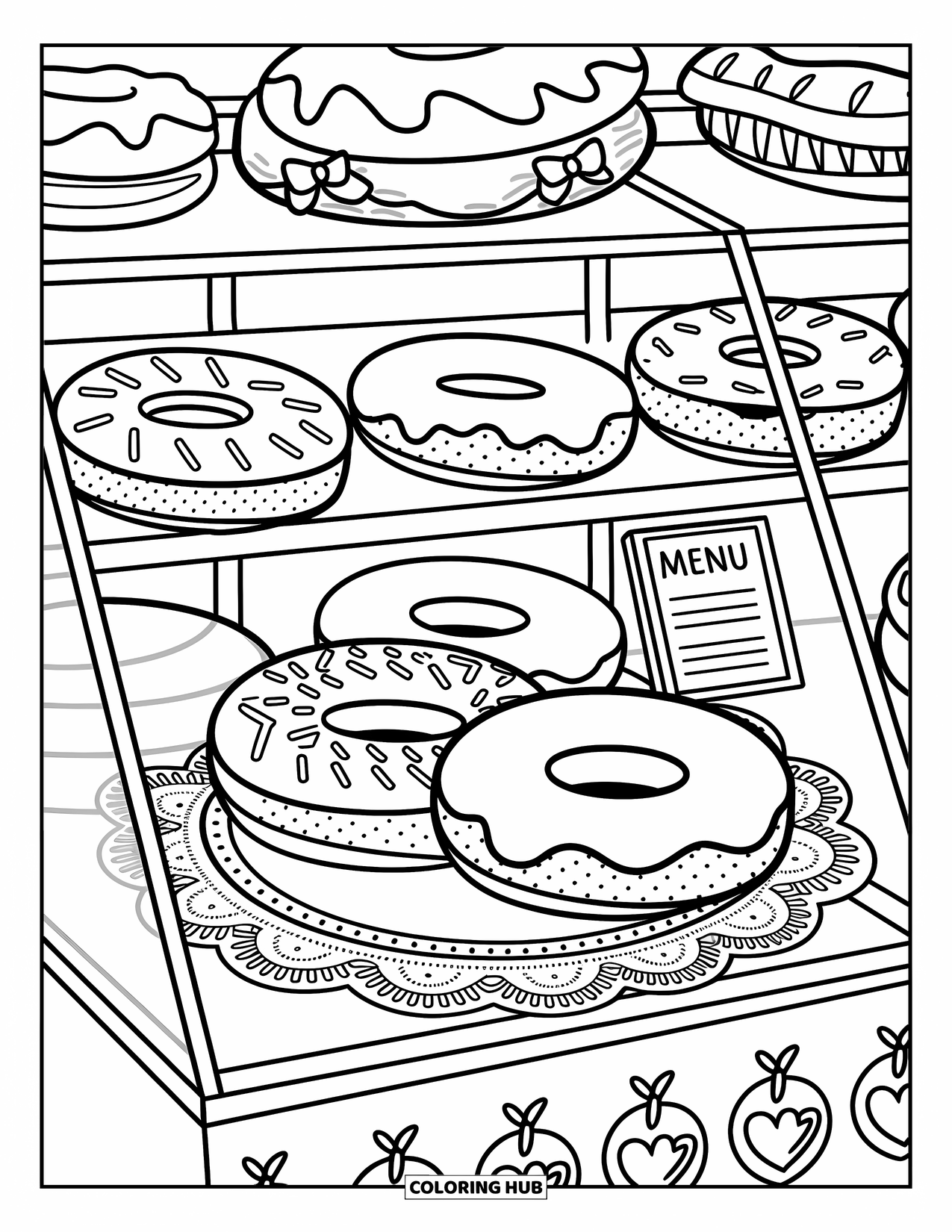 Disegno da colorare di un dessert per adulti: Tre ciambelle decorate sono sedute su un centrino all'interno di una vetrina di panetteria piena di piccoli pasticcini