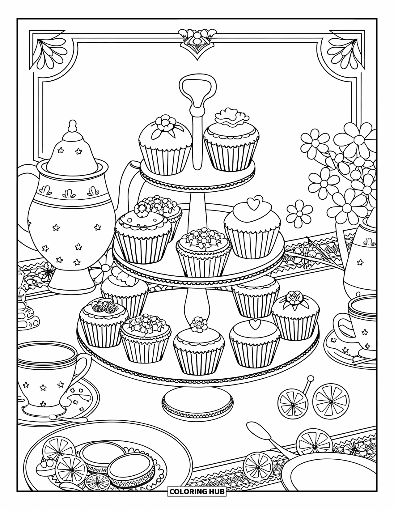 Disegno da colorare di dessert per adulti: tre strati di cupcake e dolci sono appoggiati su un'alzata a una festa da tè vintage