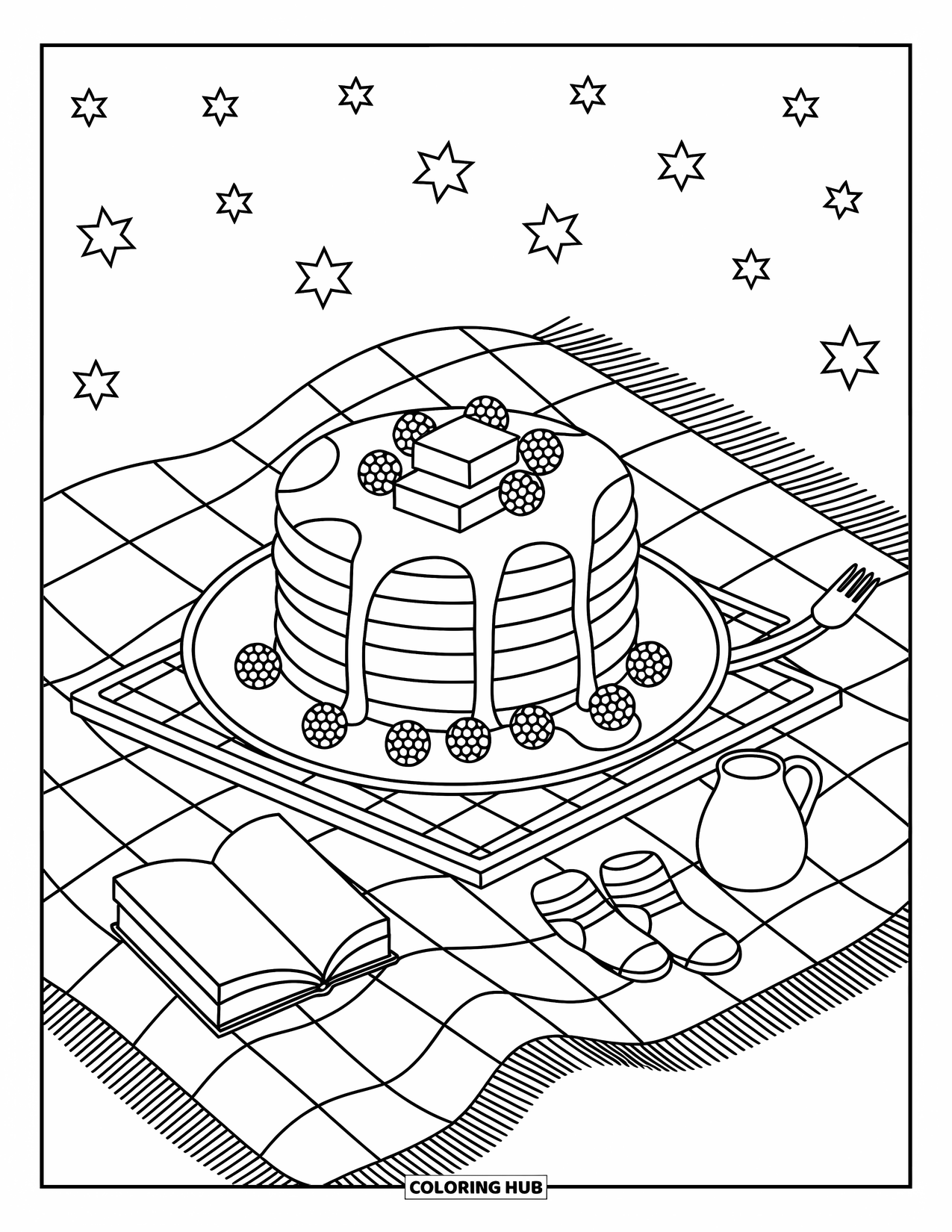 Disegno da colorare di un dessert per adulti: Caldi pancake con frutti di bosco sono adagiati su un vassoio accogliente, circondati da libri e vibrazioni illuminate dalle stelle