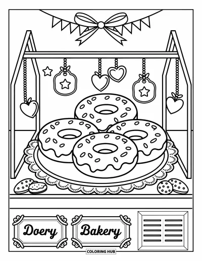Coloriage de dessert pour adultes : Des beignes fantaisistes sont posés dans une vitrine de boulangerie remplie de panneaux mignons, de rubans et de friandises