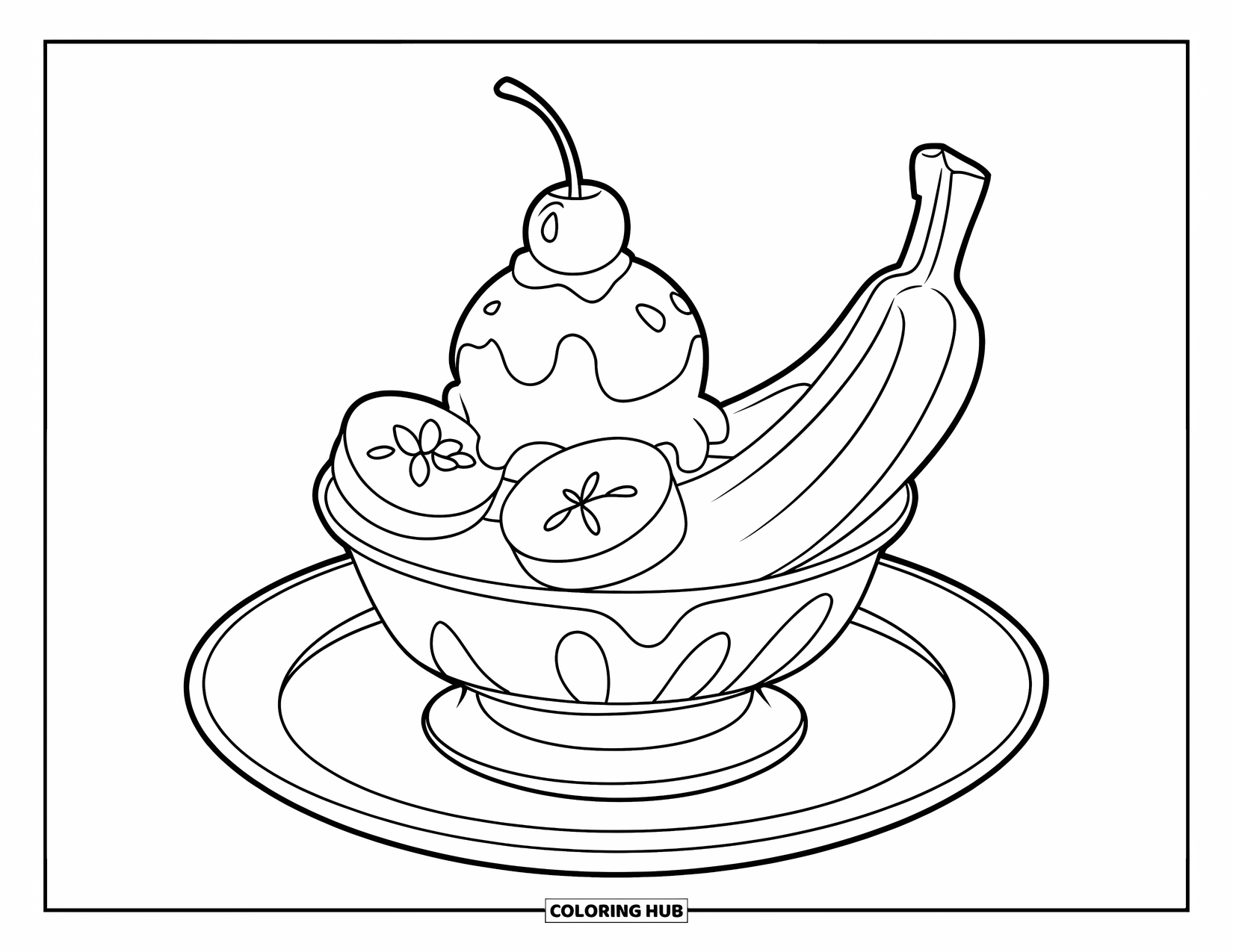 Disegno da colorare di un dessert per bambini: Una banana split con gelato e una ciliegia poggia in un piatto su un piatto