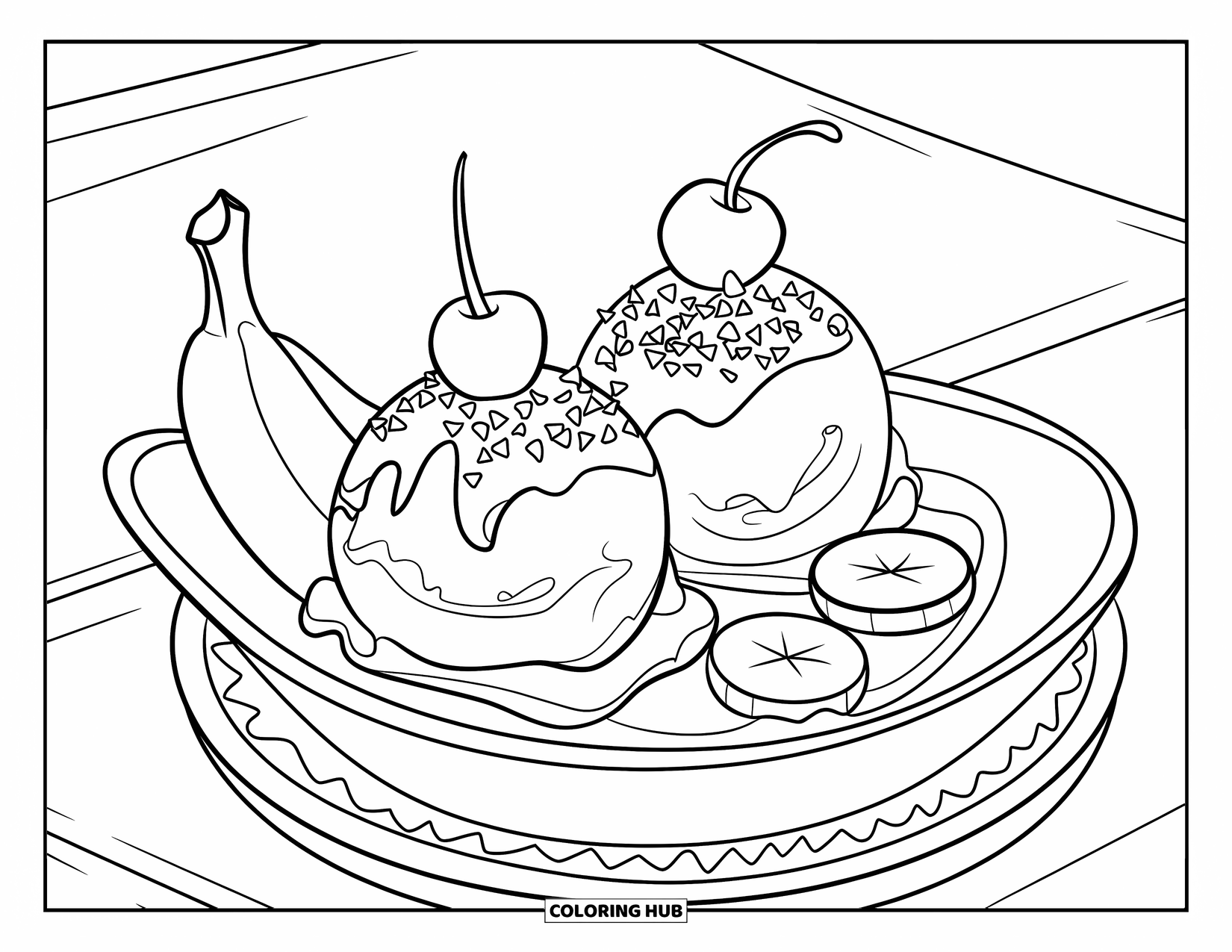 Disegno da colorare di un dessert per bambini: Una banana split con due ciliegie e gocce di cioccolato è adagiata ordinatamente su un piatto
