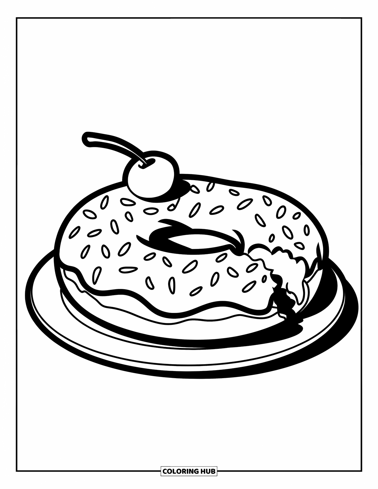 Disegno da colorare di un dessert per bambini: Una grande ciambella con zuccherini e un morso tolto è adagiata su un semplice piatto