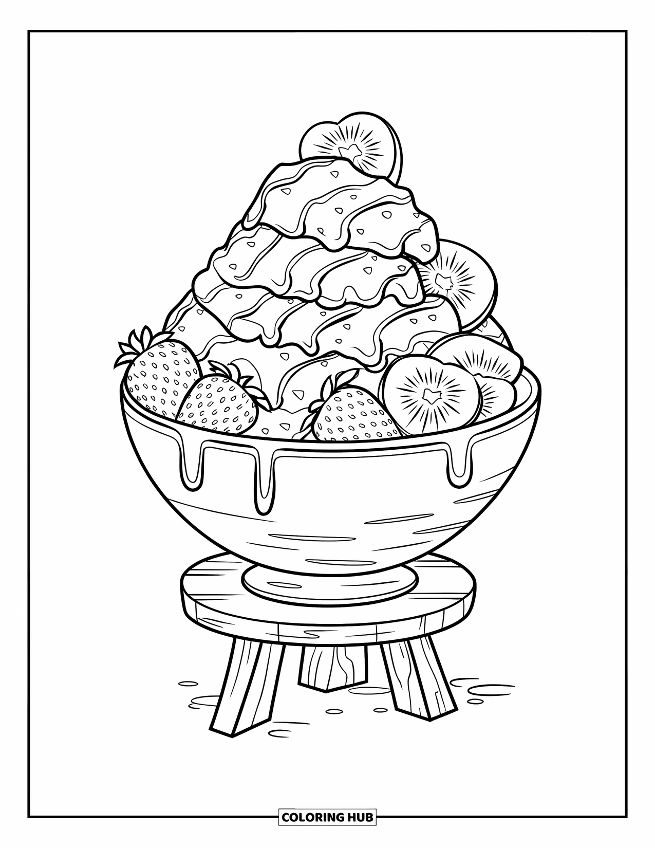 Disegno da colorare di un dessert per bambini: Una ciotola di bingsu piena di frutta e sciroppo è adagiata su un supporto di legno