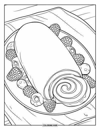 Coloriage de desserts pour enfants : Un roulé à la crème croqué, entouré de fruits rouges, posé tranquillement sur une assiette