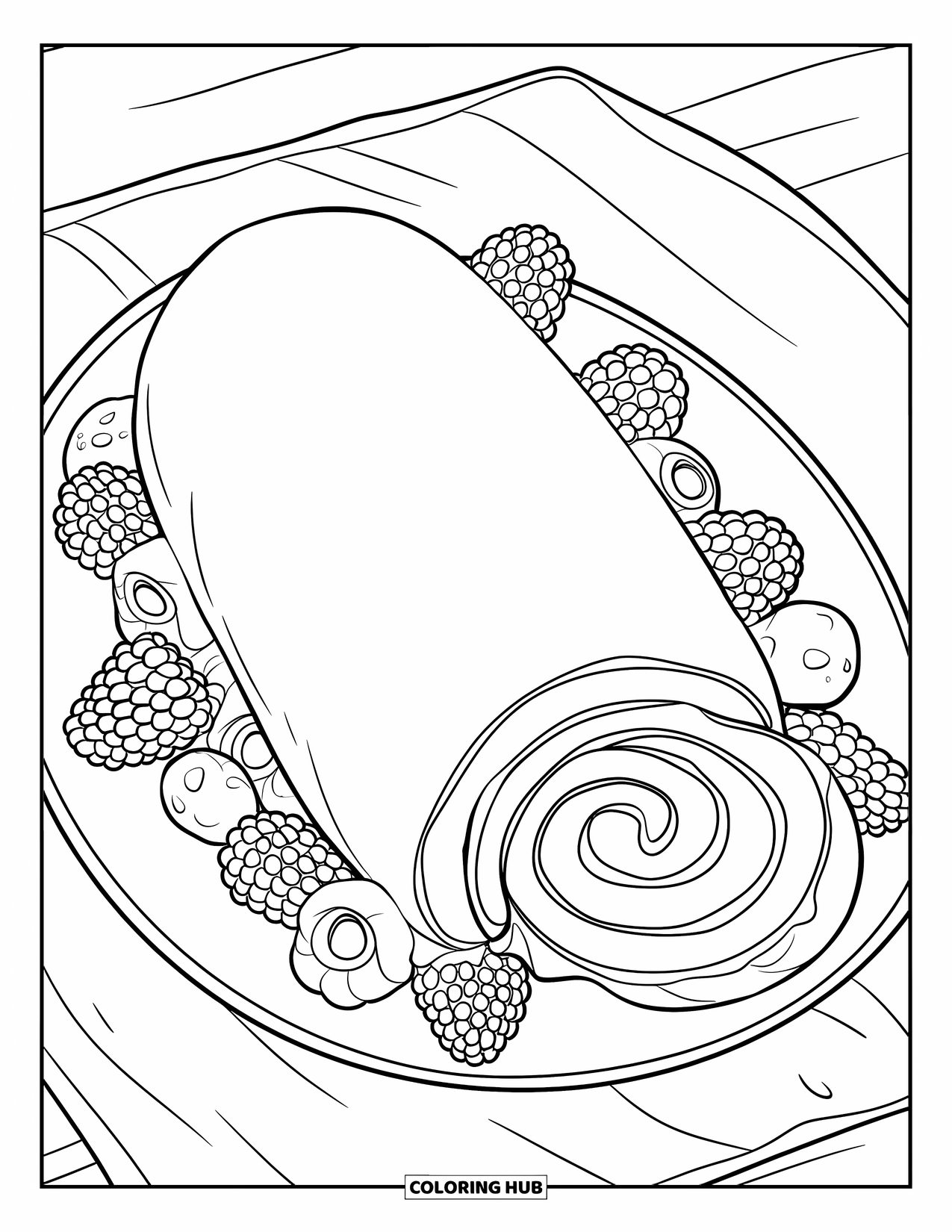 Disegno da colorare di un dessert per bambini: Un rotolo svizzero morso circondato da frutti di bosco è adagiato tranquillamente su un piatto pulito