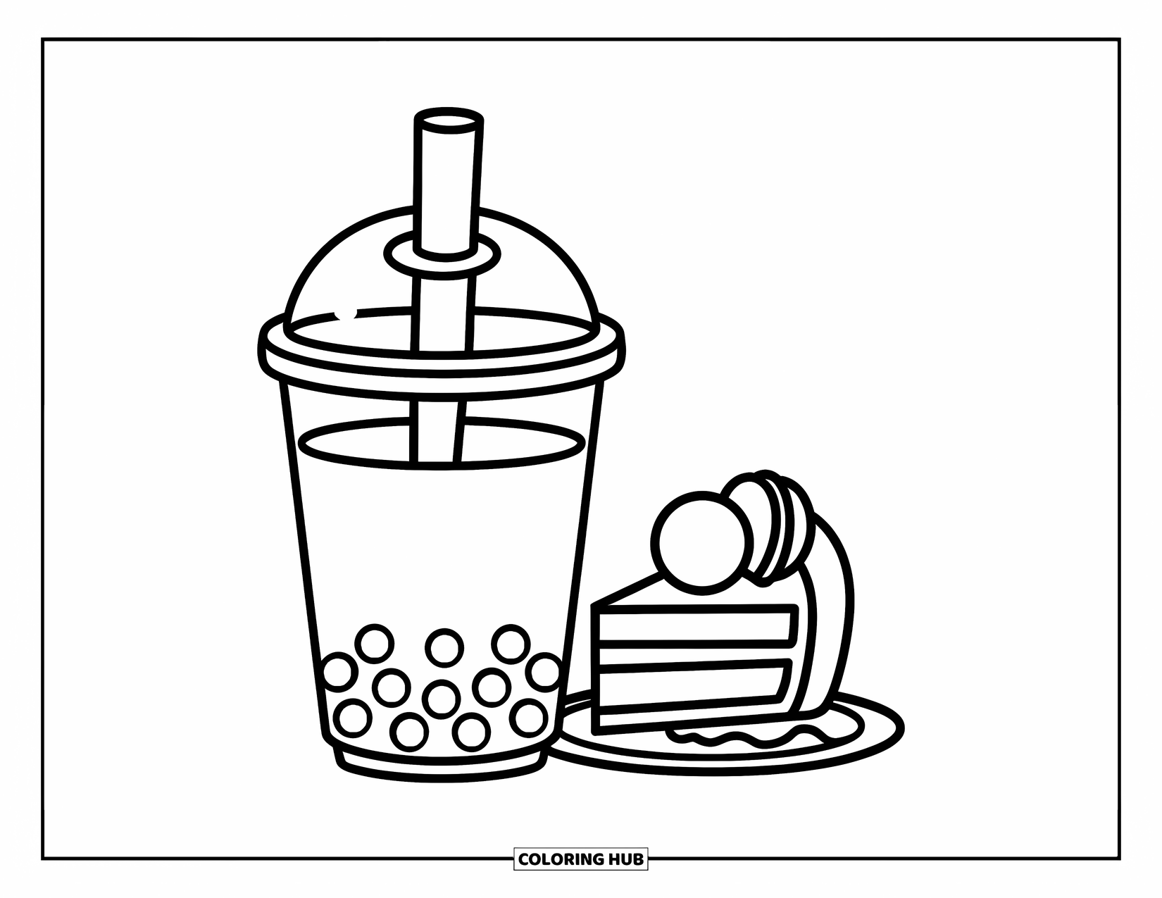 Disegno da colorare di un dessert per bambini: Un bubble tea è seduto accanto a una torta e un macaron su un accogliente piatto da dessert