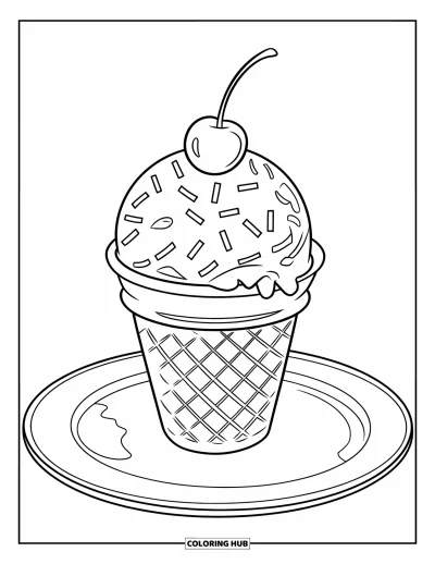 Coloriage de dessert pour enfants : Une boule de crème glacée garnie d’une cerise et de vermicelles repose dans un grand cornet gaufré sur une assiette