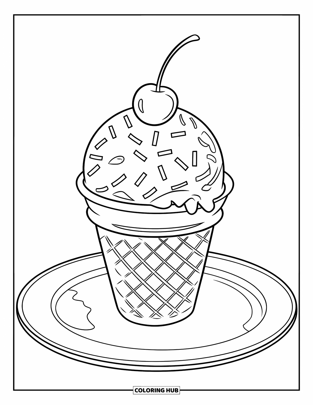 Disegno da colorare di un dessert per bambini: Una pallina sormontata da una ciliegia con zuccherini è adagiata in un grande cono waffle su un piatto