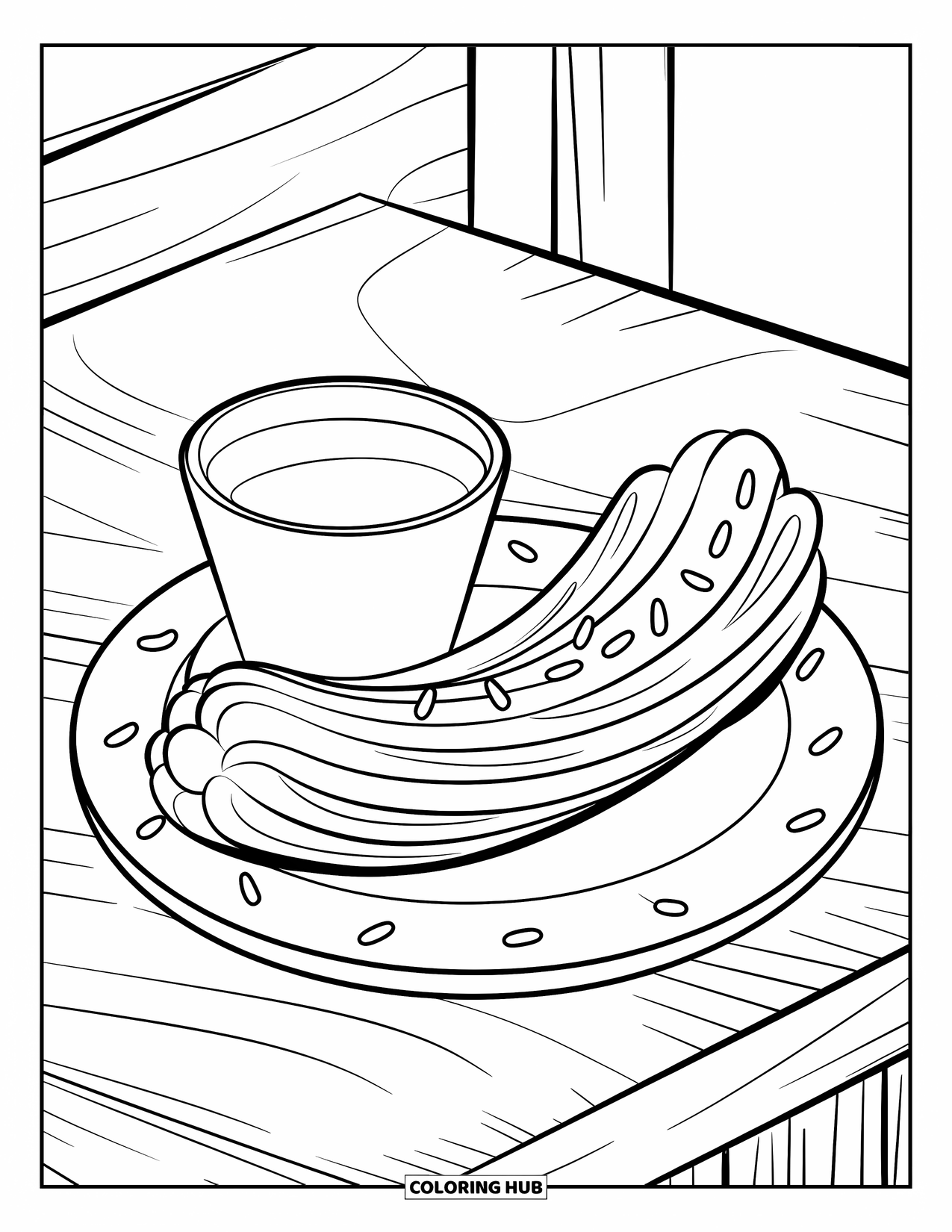 Disegno da colorare di un dessert per bambini: Un churro con zuccherini è seduto accanto a una tazza per intingere su una base di legno accogliente