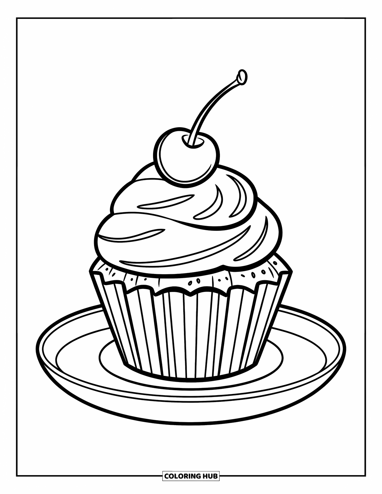 Disegno da colorare di un dessert per bambini: Un cupcake con una ciliegia in cima è seduto su un piatto con linee audaci e allegre